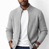 Full-Zip Ribbed Knit Cardigan with Mock Neck