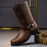 Mid-Calf Harness Boots with Buckle Strap and Round Toe