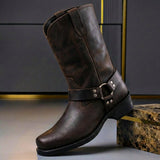 Mid-Calf Harness Boots with Buckle Strap and Round Toe