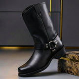 Mid-Calf Harness Boots with Buckle Strap and Round Toe