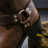Mid-Calf Harness Boots with Buckle Strap and Round Toe
