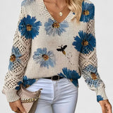 Floral Knit Sweater with Crew Neck and Openwork Long Sleeves