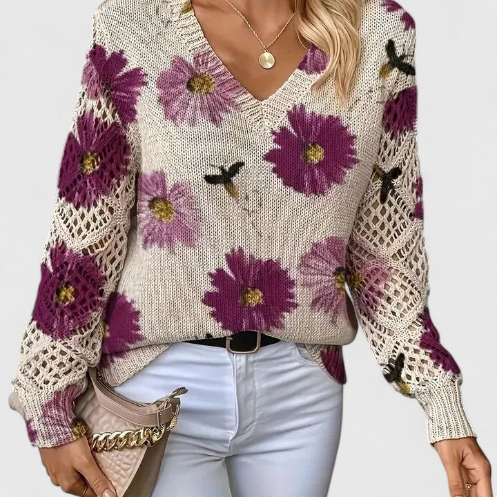 Floral Knit Sweater with Crew Neck and Openwork Long Sleeves