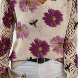 Floral Knit Sweater with Crew Neck and Openwork Long Sleeves