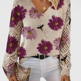 Floral Knit Sweater with Crew Neck and Openwork Long Sleeves