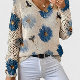 Floral Knit Sweater with Crew Neck and Openwork Long Sleeves
