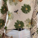 Floral Knit Sweater with Crew Neck and Openwork Long Sleeves