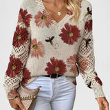 Floral Knit Sweater with Crew Neck and Openwork Long Sleeves