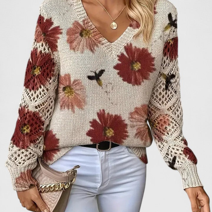 Floral Knit Sweater with Crew Neck and Openwork Long Sleeves