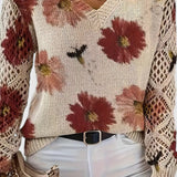 Floral Knit Sweater with Crew Neck and Openwork Long Sleeves
