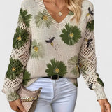 Floral Knit Sweater with Crew Neck and Openwork Long Sleeves