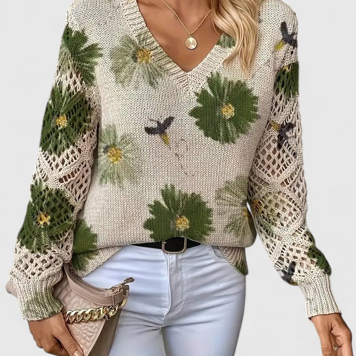 Floral Knit Sweater with Crew Neck and Openwork Long Sleeves