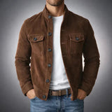 Suede Men's Button Front Jacket with Chest Pockets