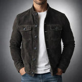 Suede Men's Button Front Jacket with Chest Pockets