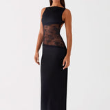 Sleeveless Boat Neck Maxi Dress with Lace Cutout