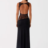 Sleeveless Boat Neck Maxi Dress with Lace Cutout