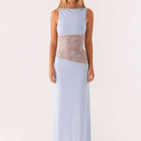Sleeveless Boat Neck Maxi Dress with Lace Cutout