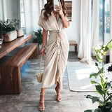Ruched Button-Front Midi Shirt Dress with V-Neck