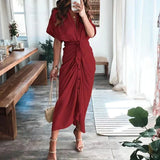 Ruched Button-Front Midi Shirt Dress with V-Neck