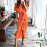 Ruched Button-Front Midi Shirt Dress with V-Neck