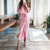 Ruched Button-Front Midi Shirt Dress with V-Neck