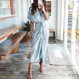 Ruched Button-Front Midi Shirt Dress with V-Neck