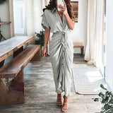 Ruched Button-Front Midi Shirt Dress with V-Neck