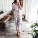 Ruched Button-Front Midi Shirt Dress with V-Neck