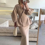 Women's Two Piece Skirt Suit with Double Breasted Peplum Blazer and Long Fitted Skirt