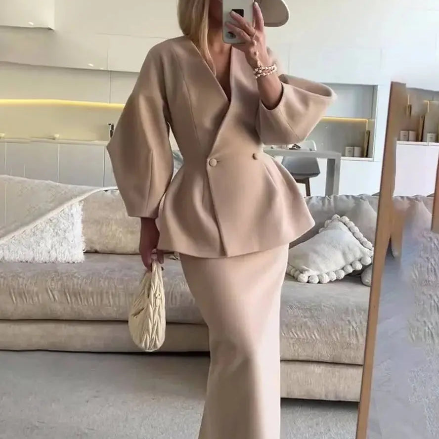 Women's Two Piece Skirt Suit with Double Breasted Peplum Blazer and Long Fitted Skirt