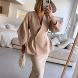 Women's Two Piece Skirt Suit with Double Breasted Peplum Blazer and Long Fitted Skirt