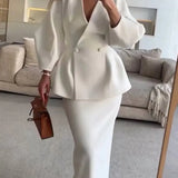 Women's Two Piece Skirt Suit with Double Breasted Peplum Blazer and Long Fitted Skirt