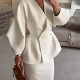 Women's Two Piece Skirt Suit with Double Breasted Peplum Blazer and Long Fitted Skirt