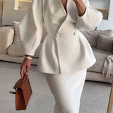 Women's Two Piece Skirt Suit with Double Breasted Peplum Blazer and Long Fitted Skirt