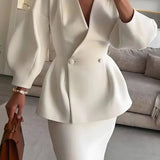 Women's Two Piece Skirt Suit with Double Breasted Peplum Blazer and Long Fitted Skirt