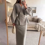 Women's Two Piece Skirt Suit with Double Breasted Peplum Blazer and Long Fitted Skirt