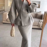 Women's Two Piece Skirt Suit with Double Breasted Peplum Blazer and Long Fitted Skirt