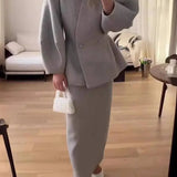 Women's Two Piece Skirt Suit with Double Breasted Peplum Blazer and Long Fitted Skirt