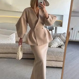 Women's Two Piece Skirt Suit with Double Breasted Peplum Blazer and Long Fitted Skirt