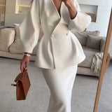 Women's Two Piece Skirt Suit with Double Breasted Peplum Blazer and Long Fitted Skirt