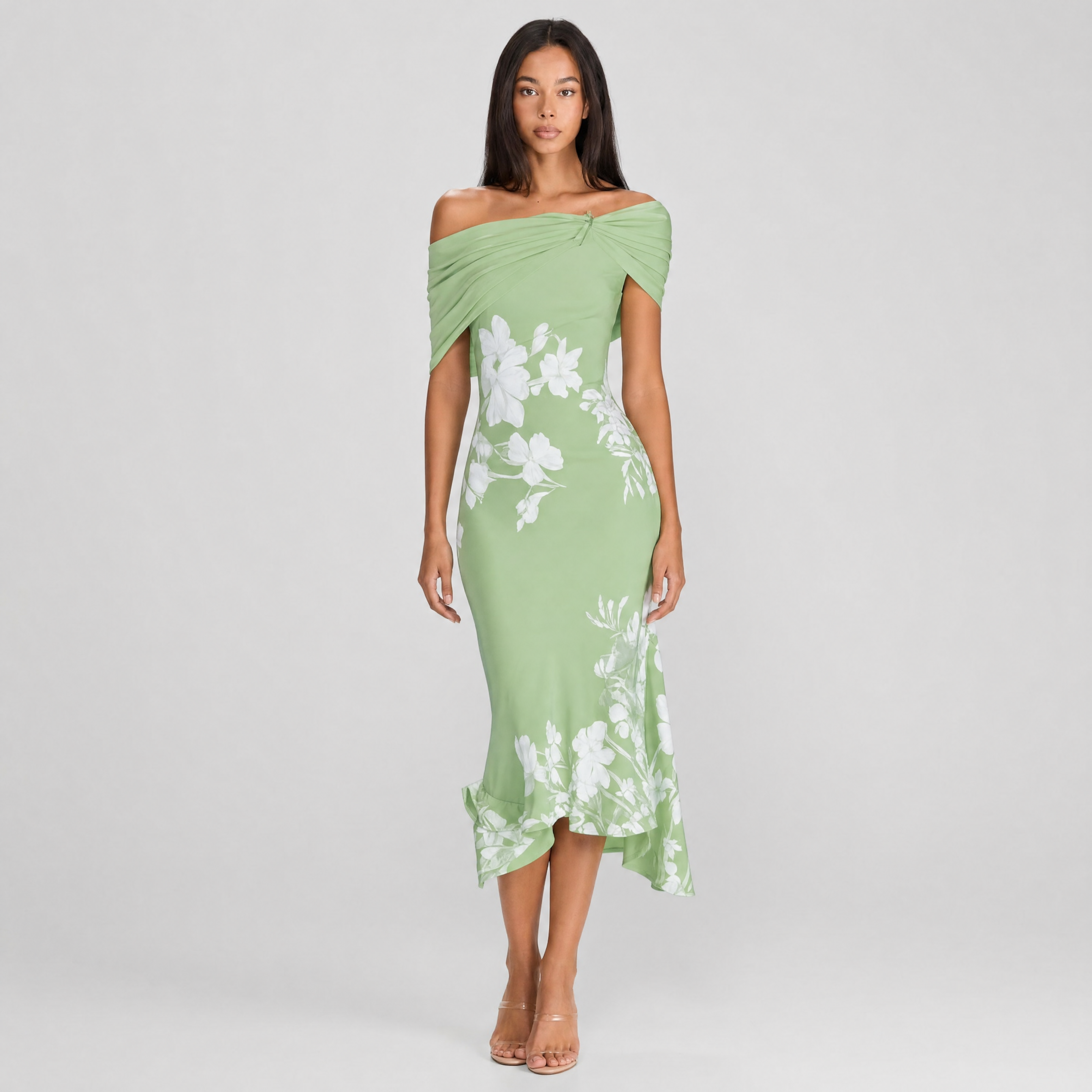 floral off shoulder midi dress Off-The Shoulder Floral Print Tulle Midi Dress  HAREM's Brides