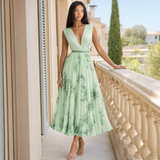 Isabelle | Elegant Pleated V-Neck Midi Dress Women Summer Flowy