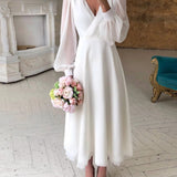 V-Neck Wrap Midi Dress with Puff Sleeves