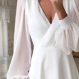 V-Neck Wrap Midi Dress with Puff Sleeves