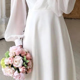 V-Neck Wrap Midi Dress with Puff Sleeves