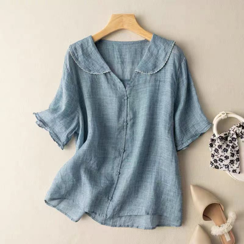 Monica | Linen Button Blouse Women Soft Collar Top