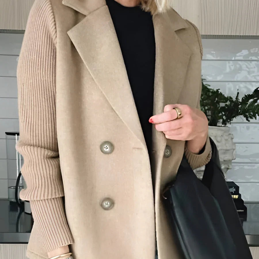 Double-Breasted Blazer with Knit Sleeves