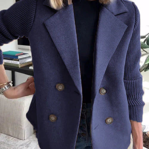 Double-Breasted Blazer with Knit Sleeves