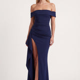 Off-Shoulder Maxi Dress with Ruched Waist and Thigh Slit