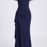 Off-Shoulder Maxi Dress with Ruched Waist and Thigh Slit